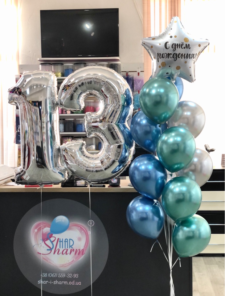 Оформление шарами дня рождения .2 цифры и букет с шарами хром